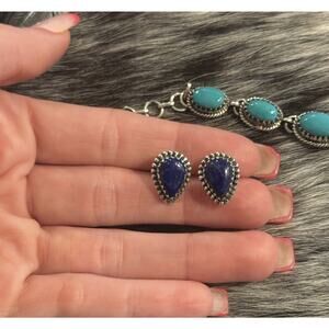 Southwest Sterling Silver Blue Lapis Lazuli Tear Drop Post Earrings Ball Edge